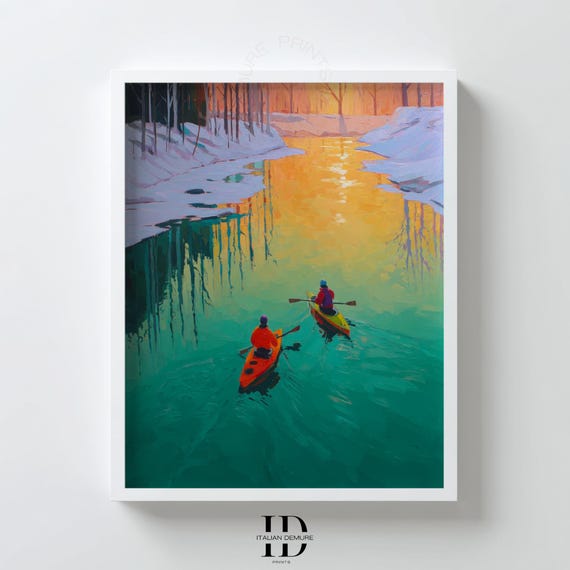 Winter Kayaking Wall Art Colorful River Landscape Print Snowy Forest Reflection Painting Adventure Decor