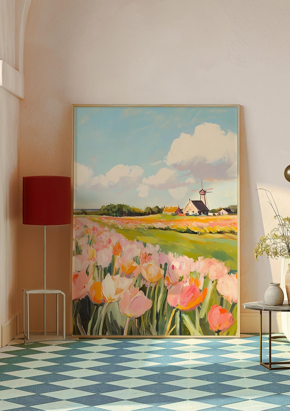 Vintage Mill With Pink Tulips Field Art Print - Image 2