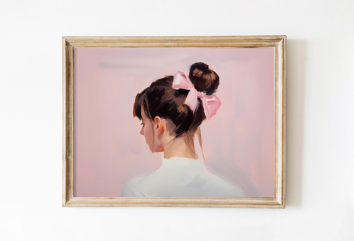 Woman Pink Hair Bow Bun Coquette Soft Girl Room Painting Poster