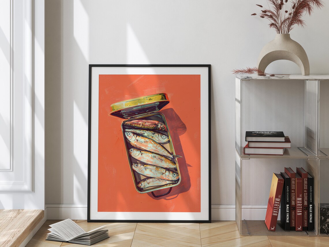 Red Sardines Tin Print, Retro Kitchen Food Art - Image 3