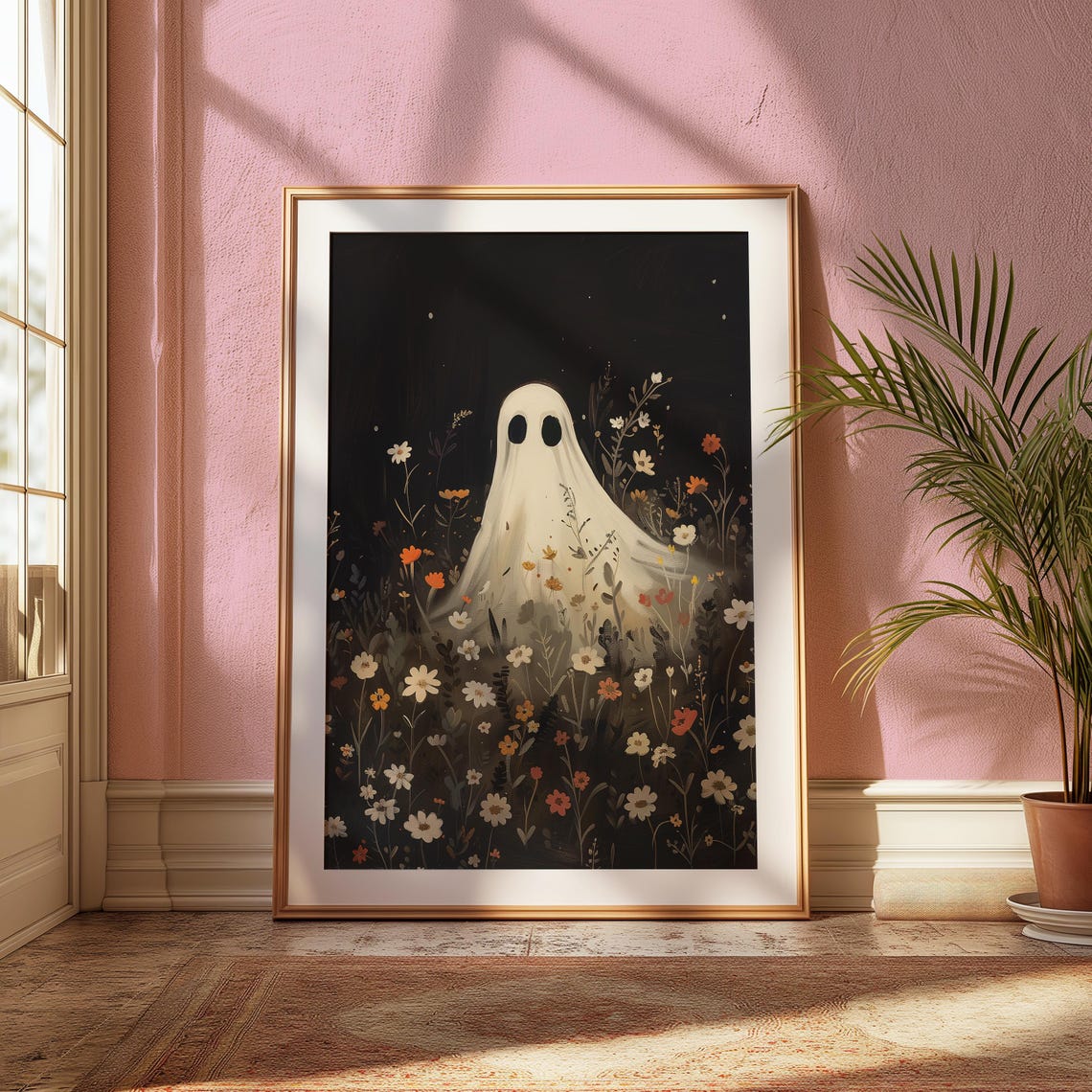 White Ghost In Wildflower Field At Night Spooky Cute Art Poster - Image 2