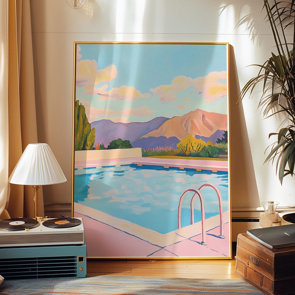 Retro Palm Springs Swimming Pool with Pink Deck Summer Travel Poster - Image 2