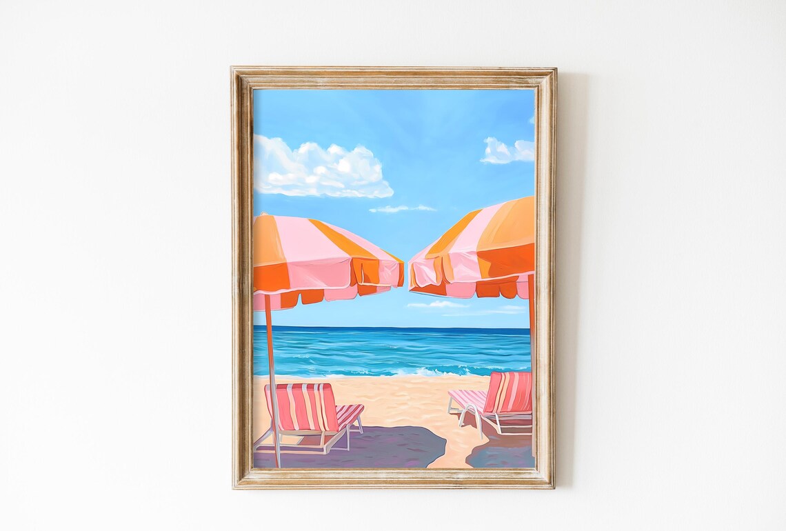 Striped Beach Umbrellas on Sunny Coast Summer Seaside Travel Poster