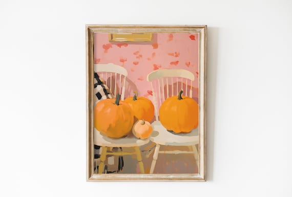 Orange Pumpkins Cottage Chairs Pink Farmhouse Fall Decor Poster
