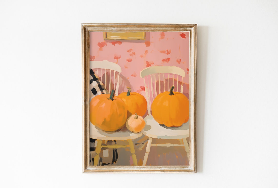 Orange Pumpkins Cottage Chairs Pink Farmhouse Fall Decor Poster