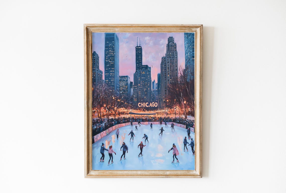 Vintage Winter Chicago Poster Christmas Ice Skating Wall Art Retro Oil Painting Usa Travel Poster Dorm Decor Gift Night City Landscape