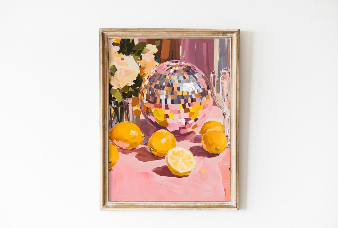 Mirrorball With Lemons Art Print, Y2K Preppy Decor