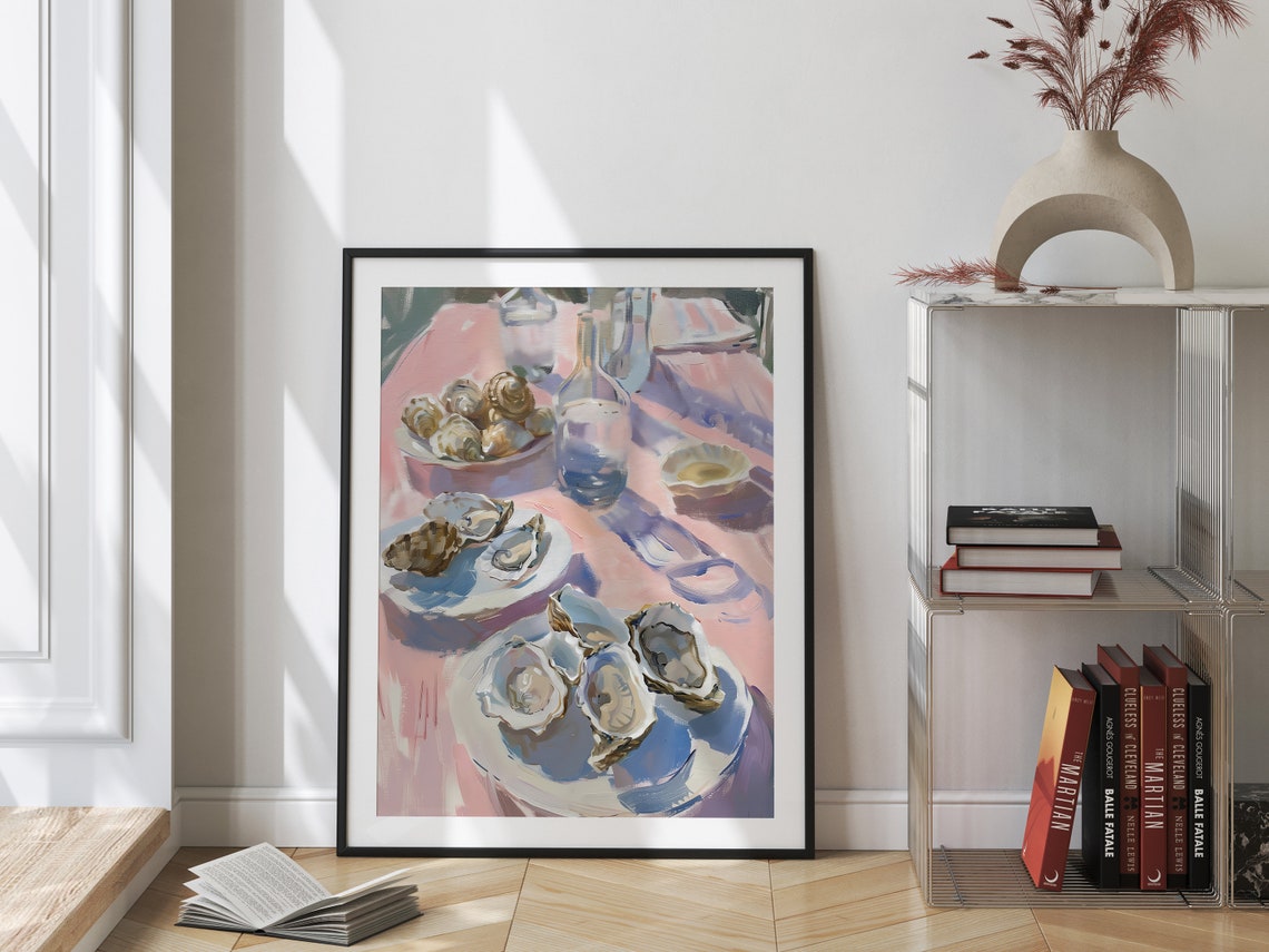 Fresh Oysters Seafood Table Pale Pink Impressionist Kitchen Art Print - Image 2