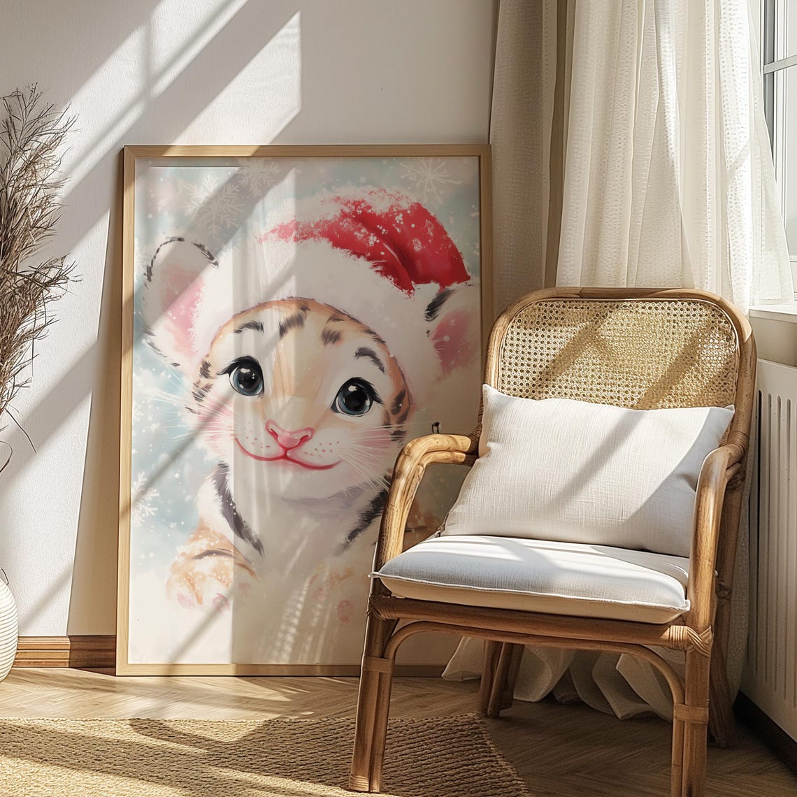 Cute Baby Tiger Cub in Santa Hat Playing in Soft Snowfall Poster - Image 3