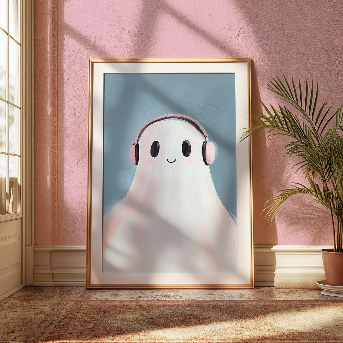 Cute Ghost Wearing Pink Headphones On Blue Background Art Poster - Image 2