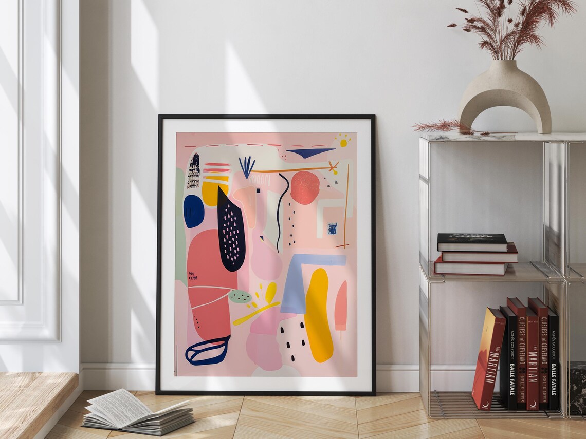 Whimsical Pastel Pink Navy And Yellow Abstract Shapes Art Print - Image 2