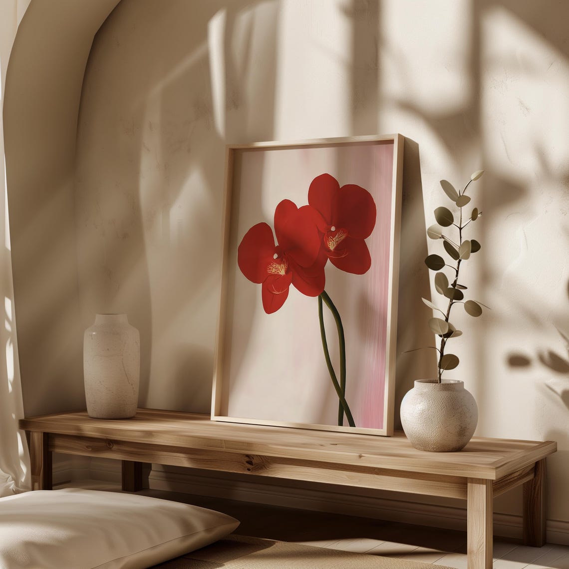 Red Orchid Blossoms On Soft Pink Background Botanical Art Poster - Image 3