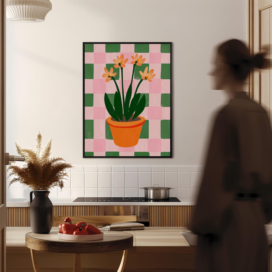 Orange Flowers In Terracotta Pot On Checkerboard Background Poster - Image 2