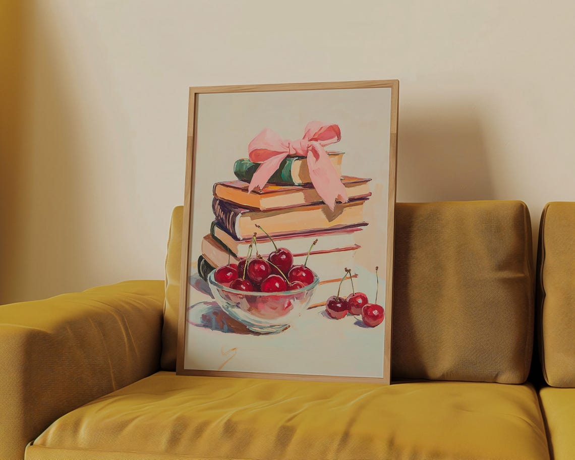 Books and Cherries with Pink Bow Coquette Still Life Decor Art Poster - Image 4