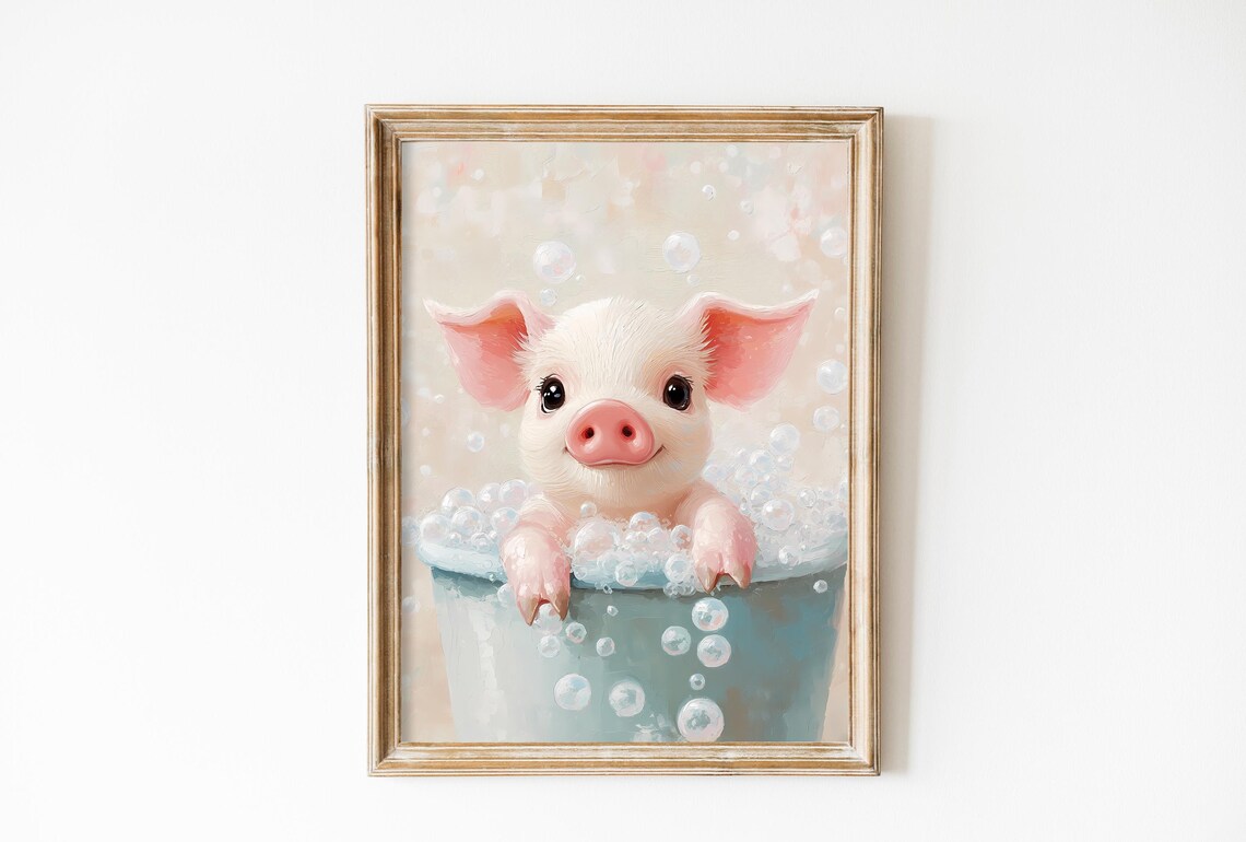 Pink Pig Bubble Bath, Vintage Bathtub Art Print