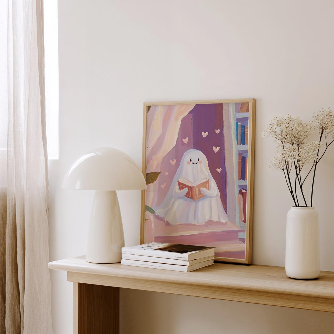Cute Ghost Reading in a Library with Hearts Sweet Valentine Art Poster - Image 2