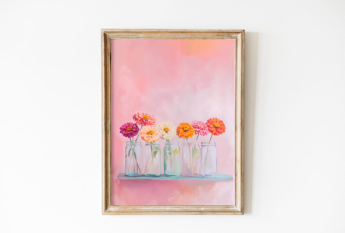 Pink Zinnias Glassware Art Print, Retro Flowers