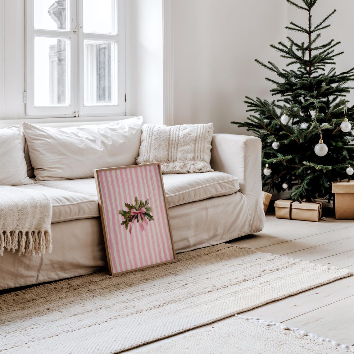 Mistletoe With Pink Bow On Striped Pink Christmas Art Poster - Image 2