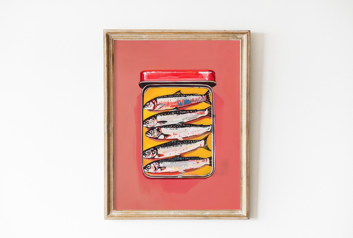 Pastel Pink Sardines Vintage Kitchen Art Print