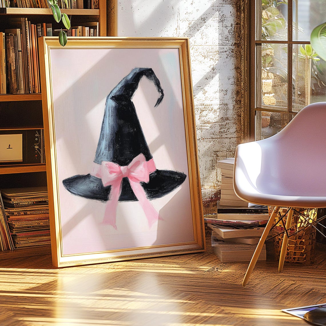 Black Witch Hat With Pink Bow Pastel Painting Halloween Art Poster - Image 3