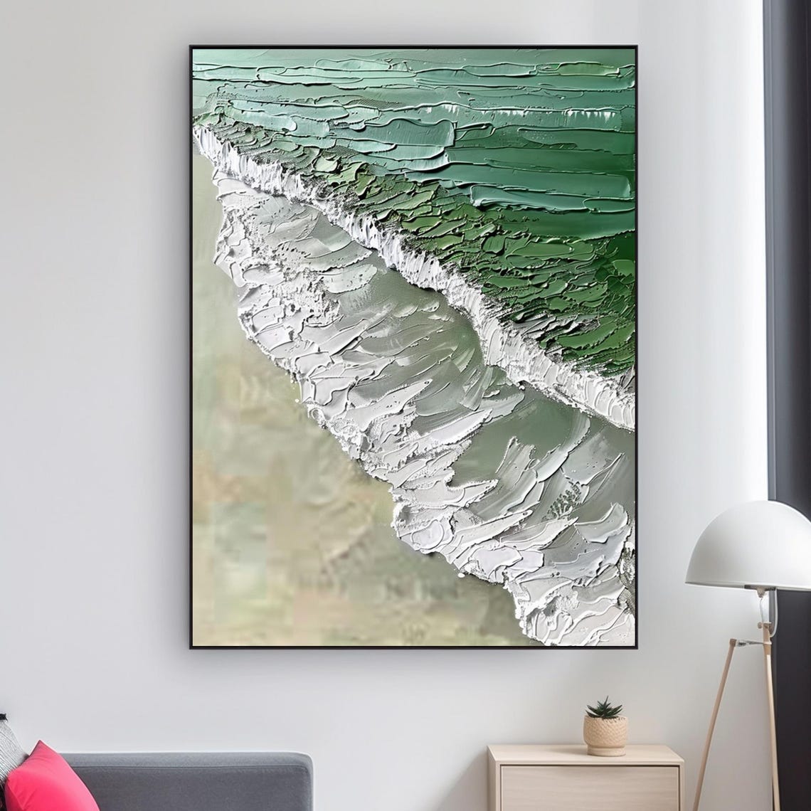 Aerial Green Coast White Foam Waves Textured Ocean Art Poster - Image 2