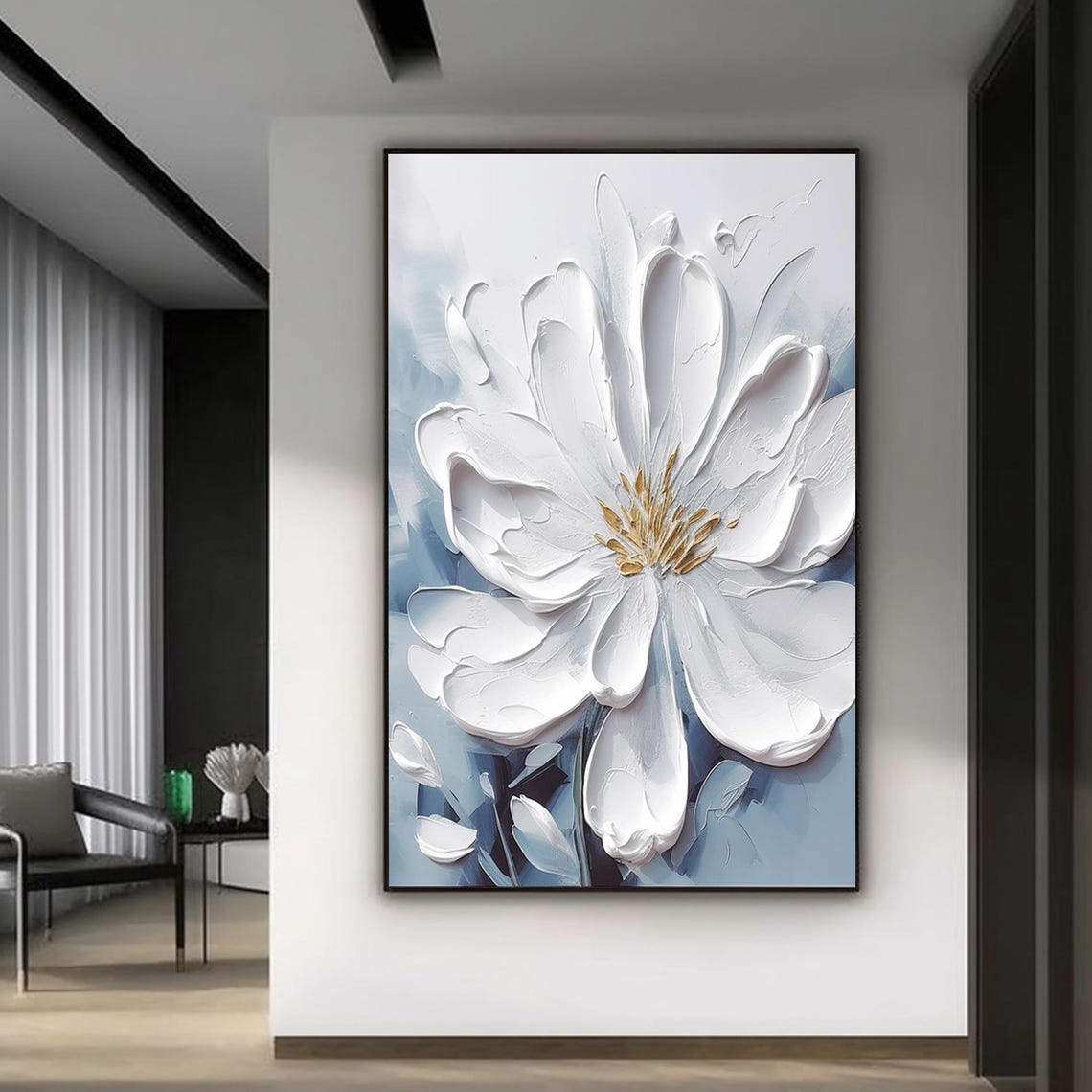White Bloom Gold Center Pale Blue Palette Knife Floral Art Poster - Image 5