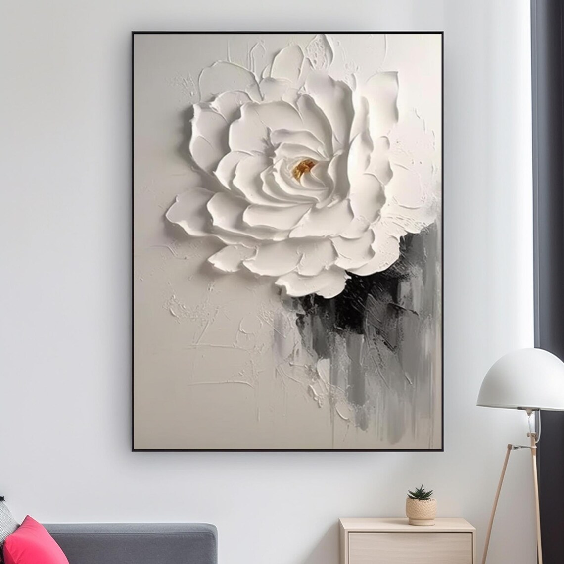 White Rose Textured Palette Knife Floral Oil Painting Poster