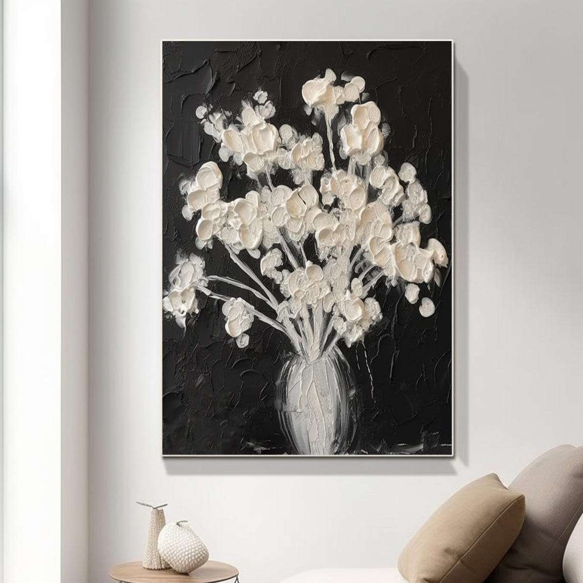 White Flowers Vase Black Background Dramatic Floral Still Art Poster - Image 5