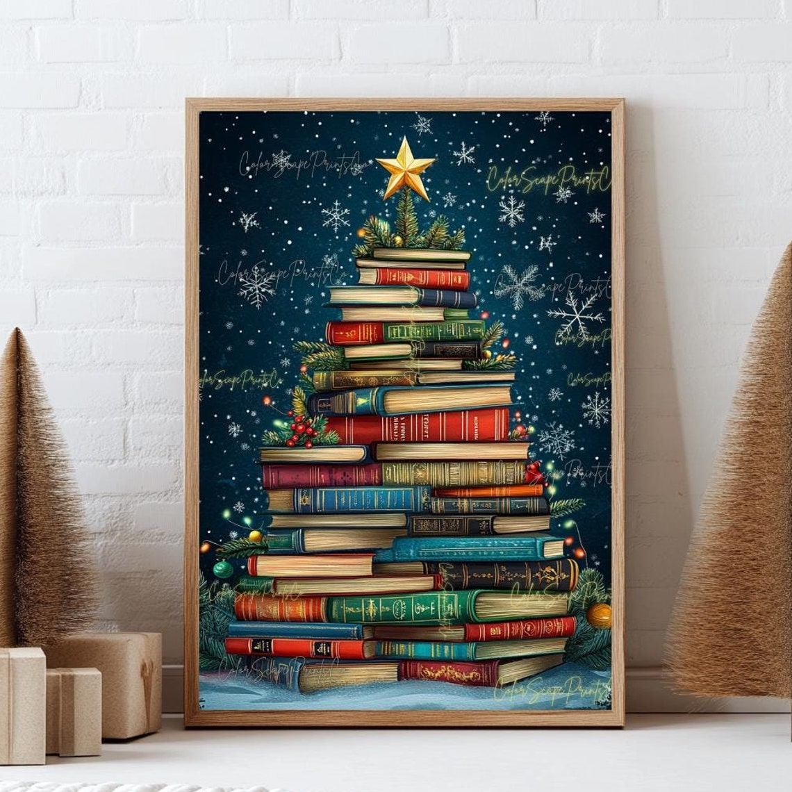 Vintage Book Stack Christmas Tree Gold Star Night Library Poster