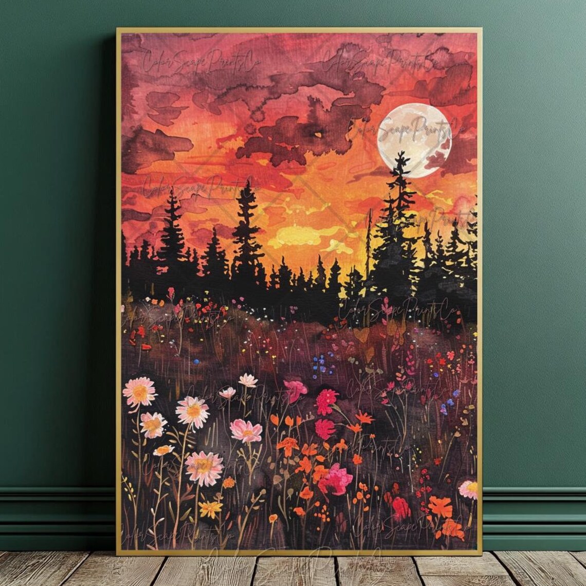 Field Of Flowers Painting Sunset Mountain Print Wildflower Field Framed Wall Art Botanical Landscape Sign Sun And Moon Sunset Wildflower Art