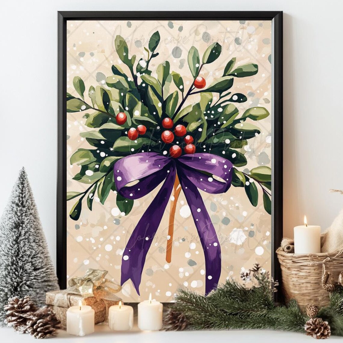 Green Foliage Bouquet with Red Berries and Purple Bow Winter Poster - Image 4