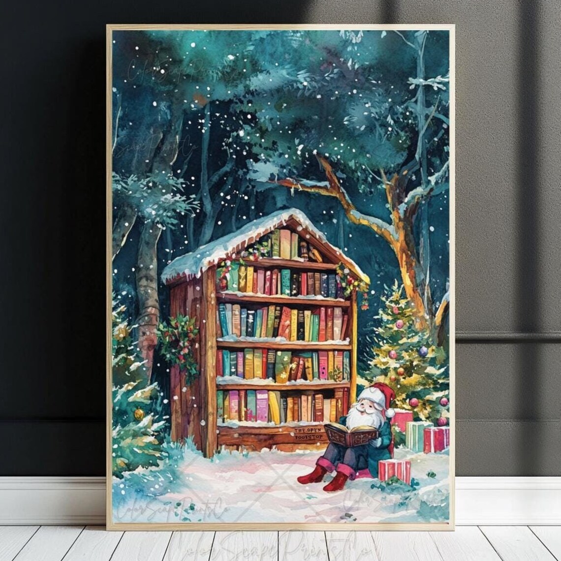 Santa Reading at The Open Bookshop Snowy Forest Library Poster
