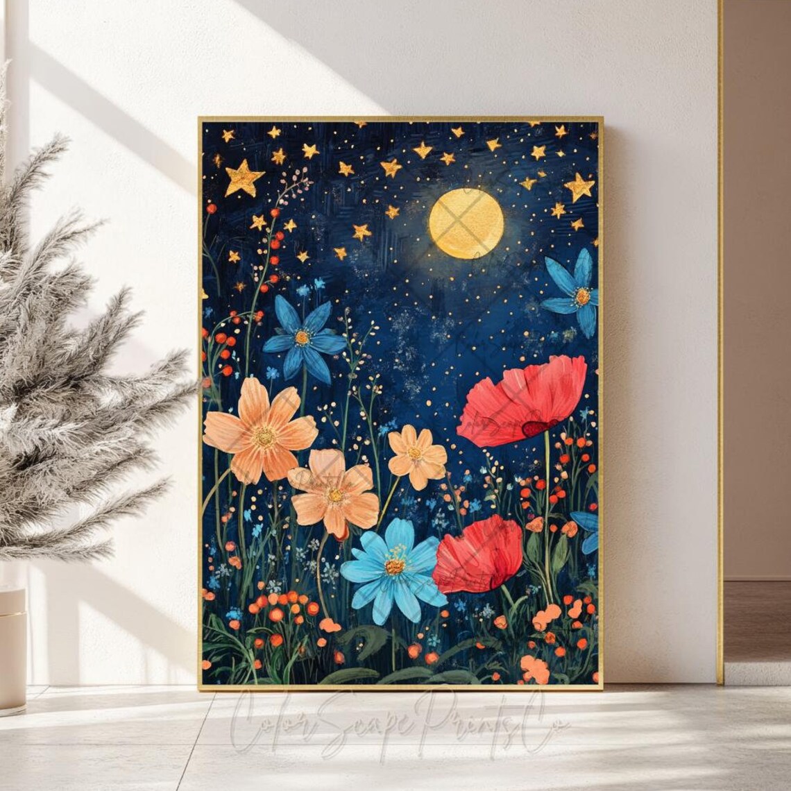 Golden Stars and Moon Over Colorful Wildflowers Night Sky Poster
