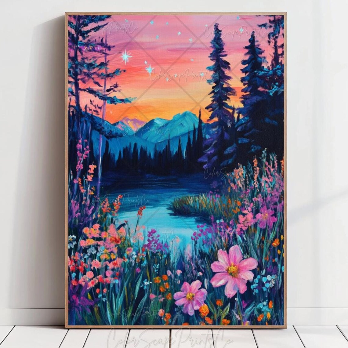 Wildflower Meadow Sunrise Over Mountains Colorful Nature Poster