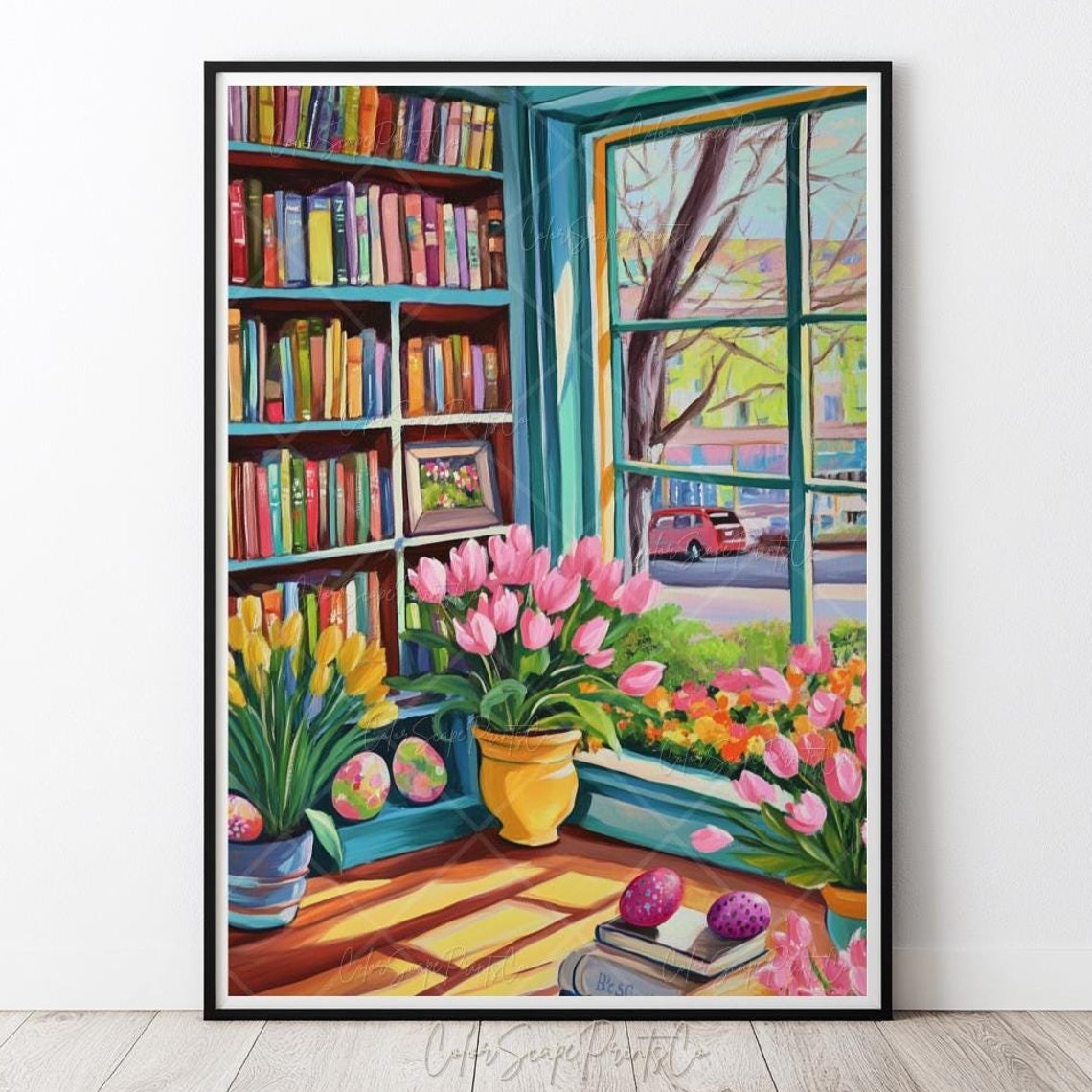 Spring Bookshop Window Painting Tulips Easter Eggs Bookstore Wall Art
