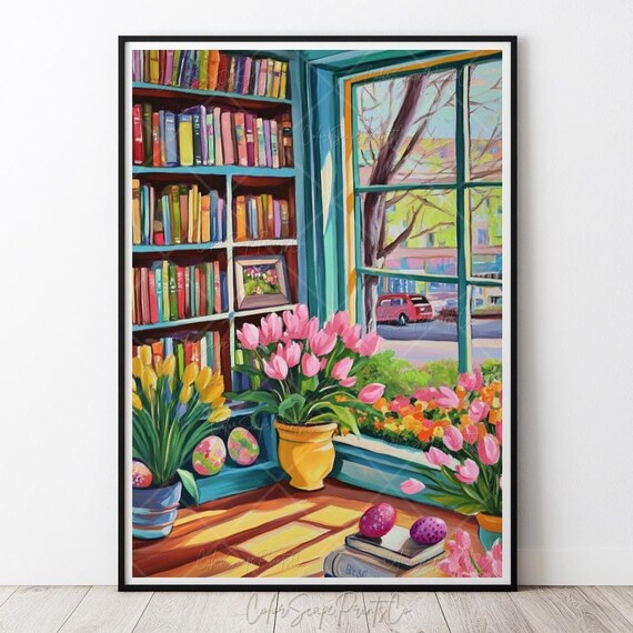 Spring Bookshop Window Painting Tulips Easter Eggs Bookstore Wall Art