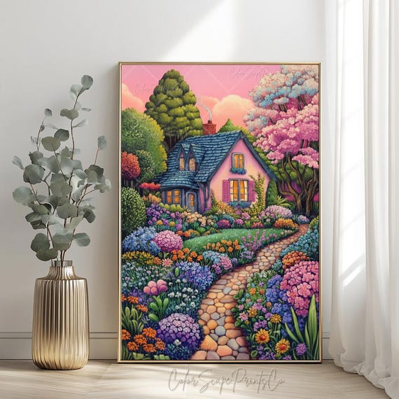 Whimsical Garden Print Colorful Wildflowers Spring Art Flower Illustration Vibrant Landscape Painting Wall