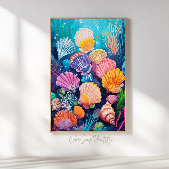 Coral Reef Art Colorful Seashell Underwater Print Vibrant Ocean Wall Coastal Beach Tropical Sea Life Illustration Instant
