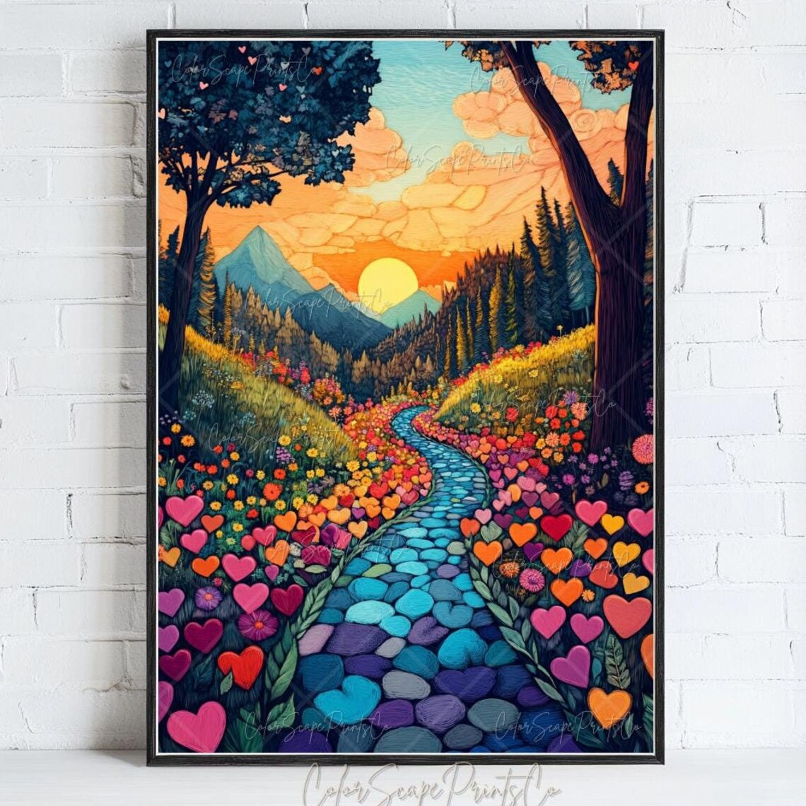Colorful Mountain Valley Sunset Painting with Heart Garden Poster