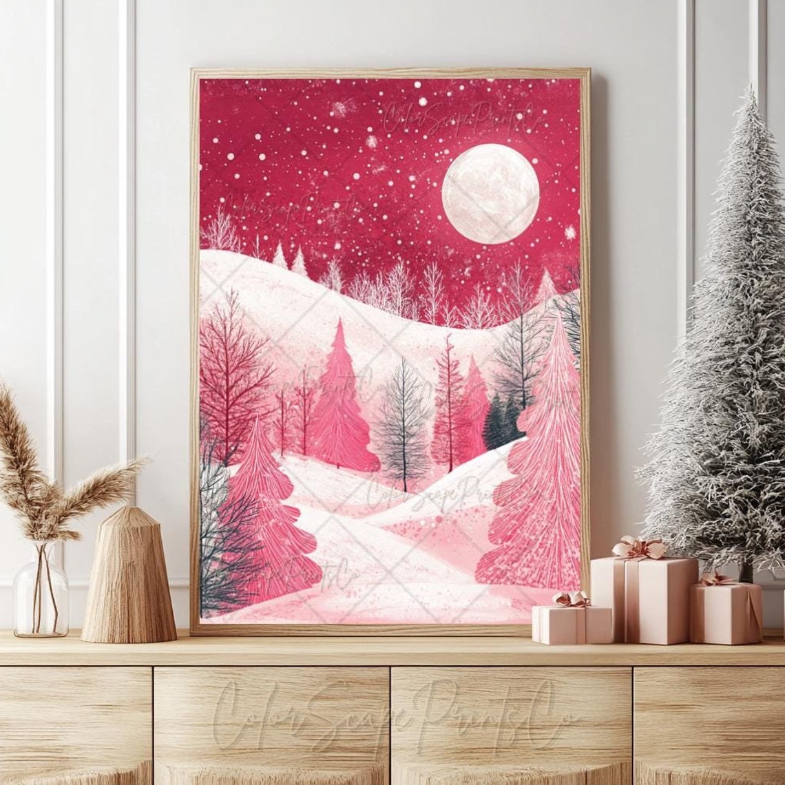 Pink Moonlit Snowy Forest with Full Moon Dreamy Winter Art Poster