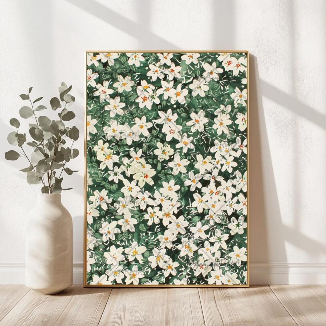 White Jasmine Wildflower Meadow Green Lush Botanical Art Poster