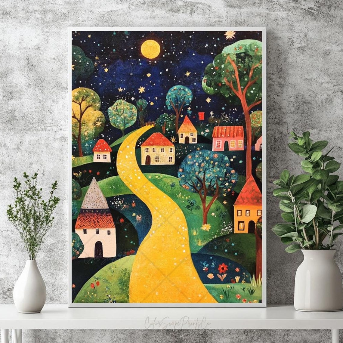 Colorful Houses Print Night Landscape Painting Mountain Scenery Whimsical Landscape Night Village Painting Colorful Wall Art Moon And Stars
