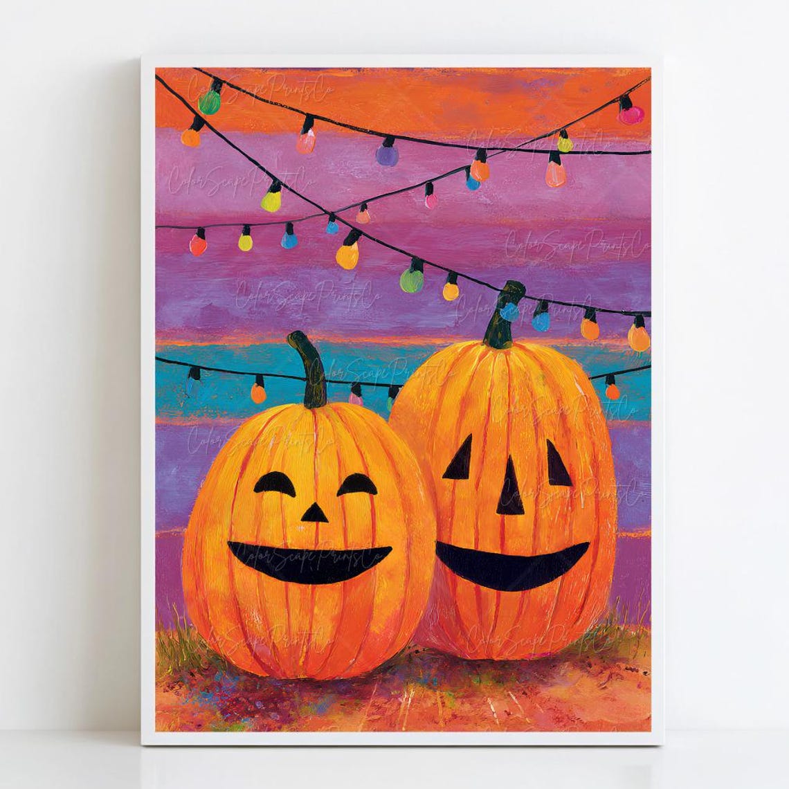 Smiling Jack O Lanterns Under Colorful String Lights Halloween Poster