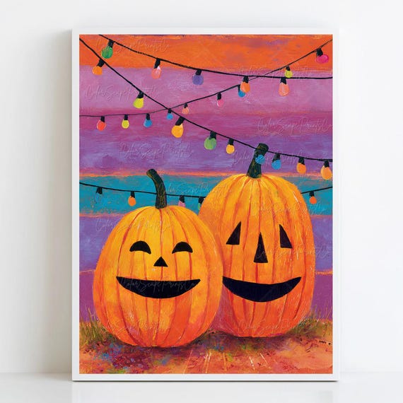 Halloween Wall Art Colorful Pumpkin Vibrant Jackolantern Print Fall Pumpkins Painting Autumn Harvest