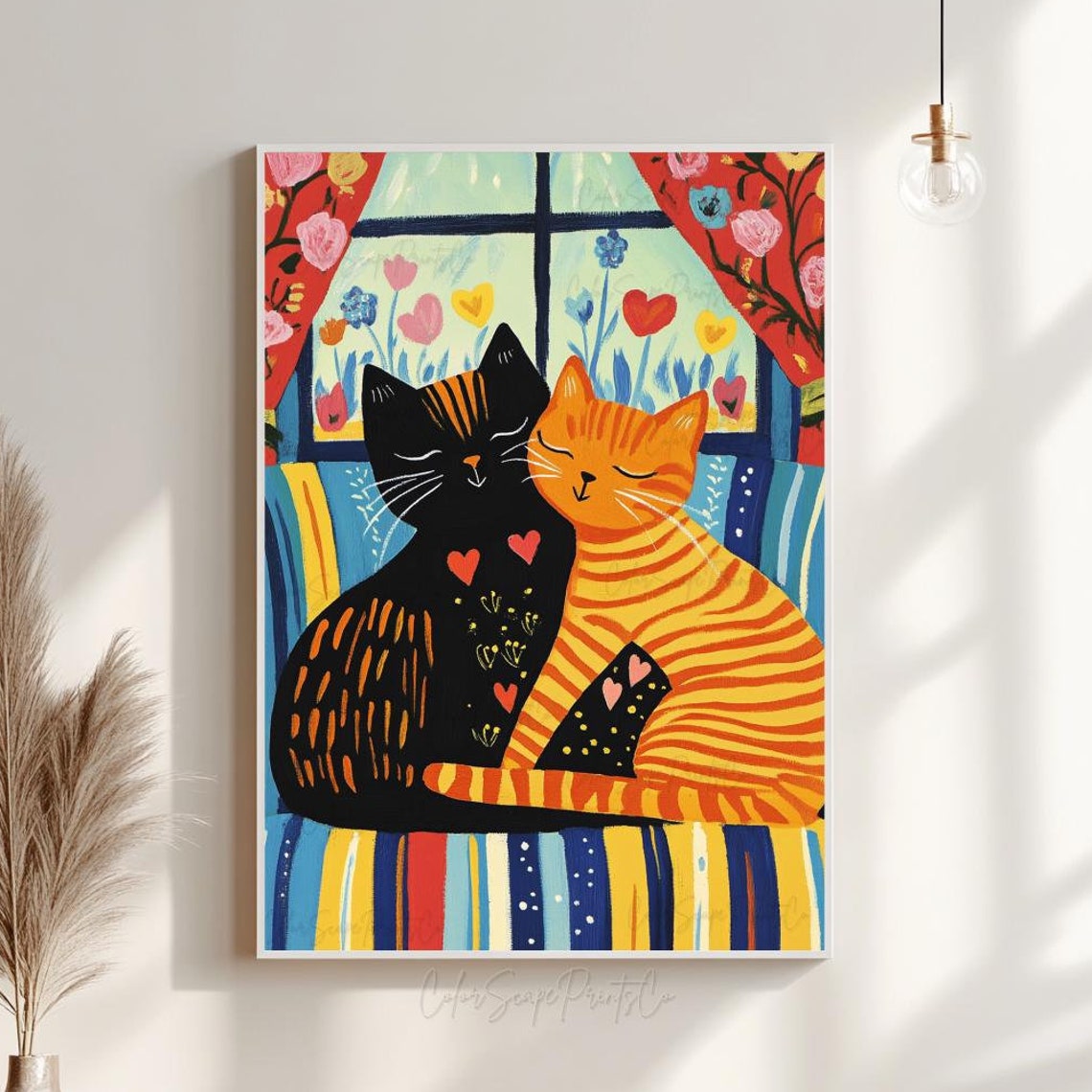 Two Cats Cuddling by a Window With Heart Flowers Love Poster
