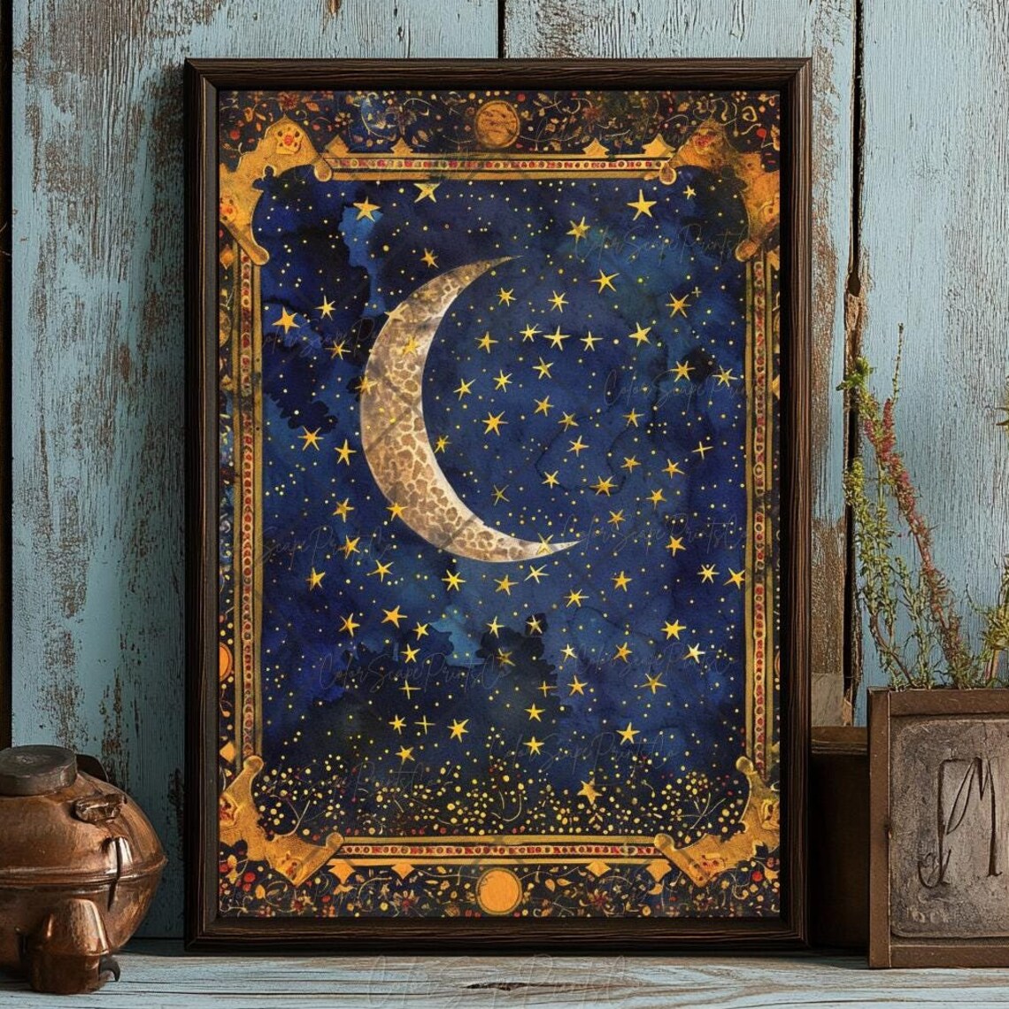 Moon And Stars Vintage Night Sky Art Print - Image 4