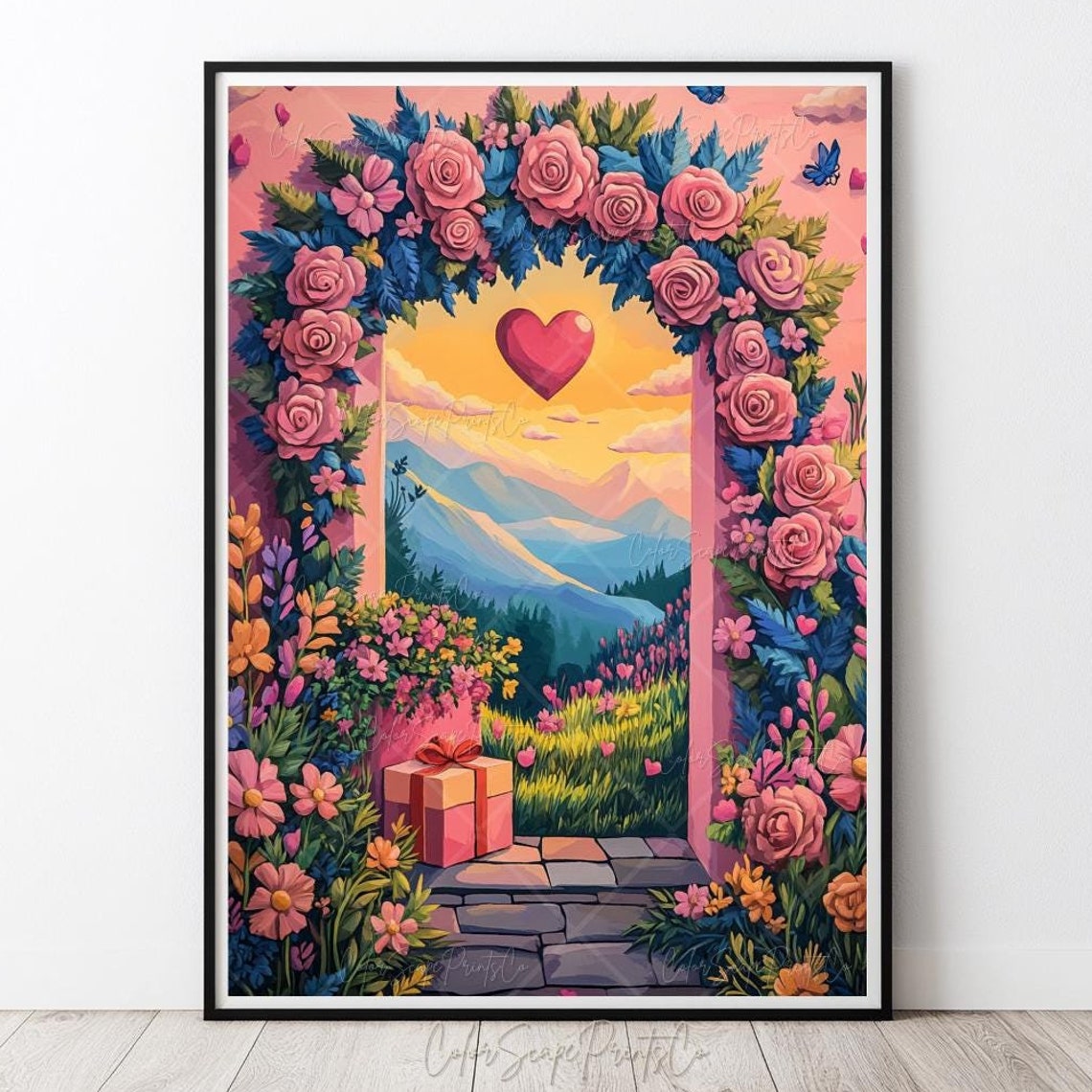 Valentine Floral Archway Painting Roses Heart Mountain Sunset Poster