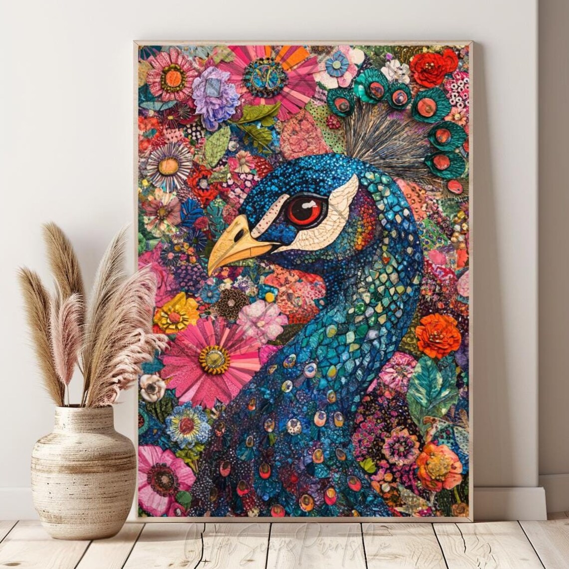 Colorful Peacock Portrait Floral Mosaic Artwork Jewel Tones Poster