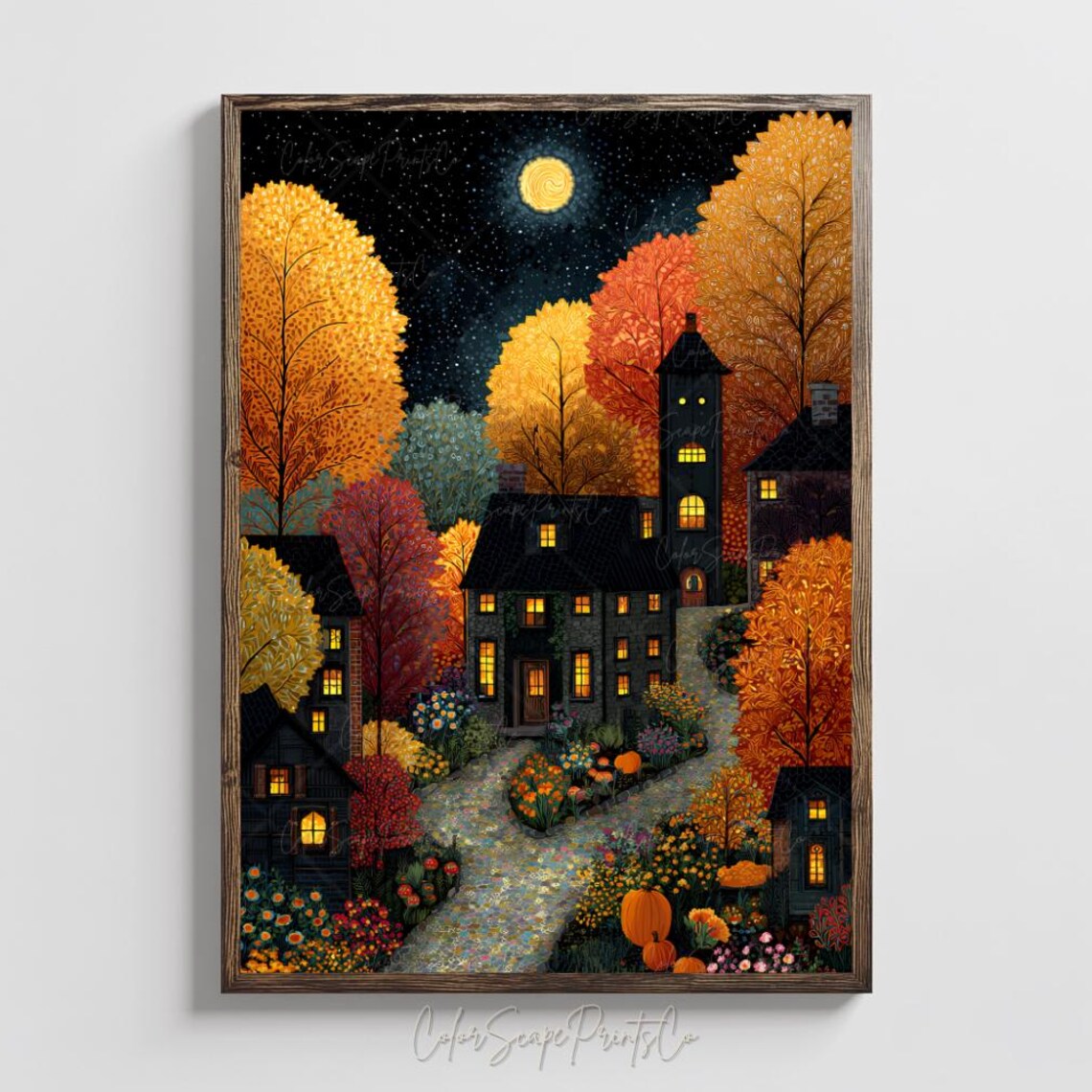 Cozy Moonlit Autumn Village Night Scene with Pumpkins Poster