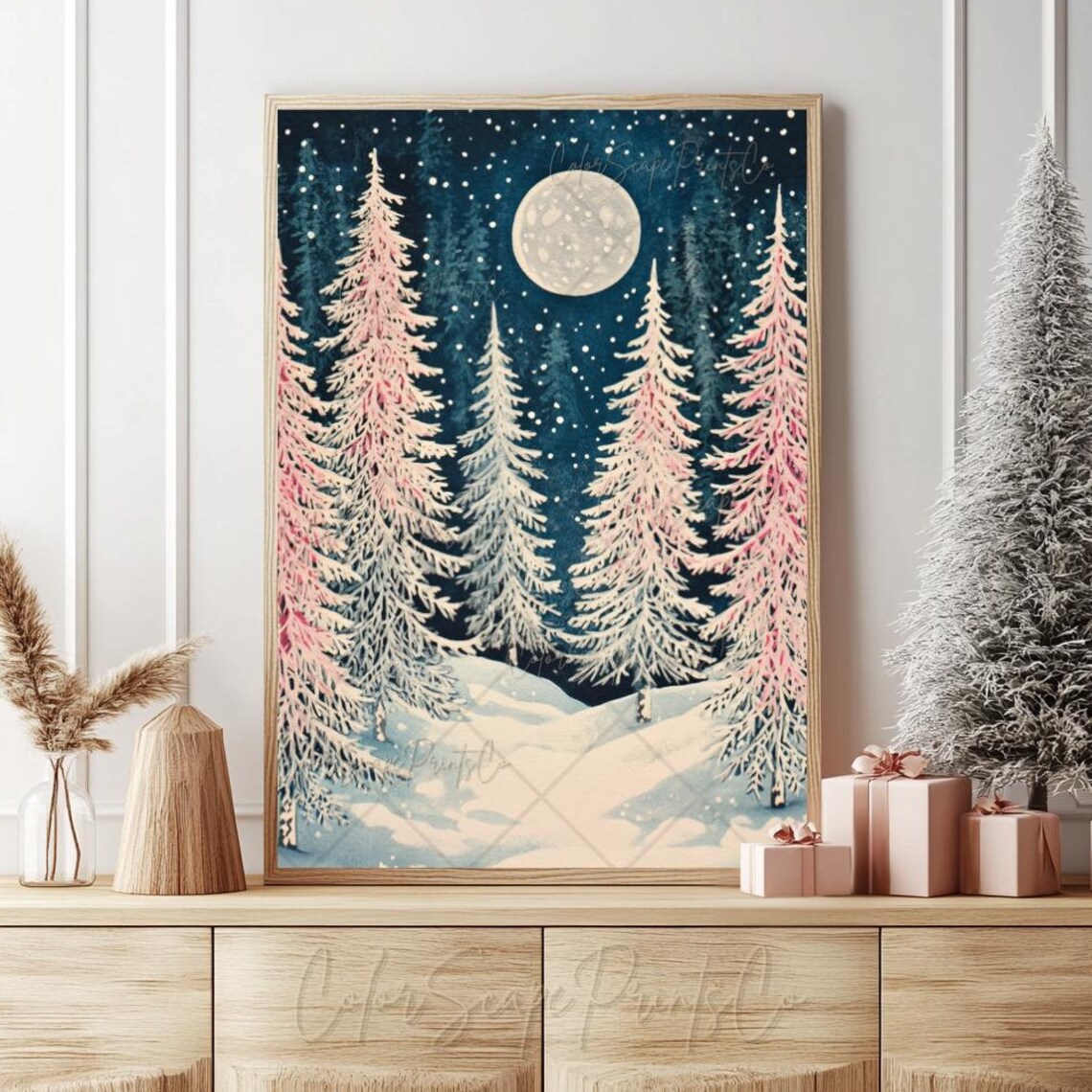 Starry Navy Night Sky Over Frosted Pink Pine Trees Moon Art Poster